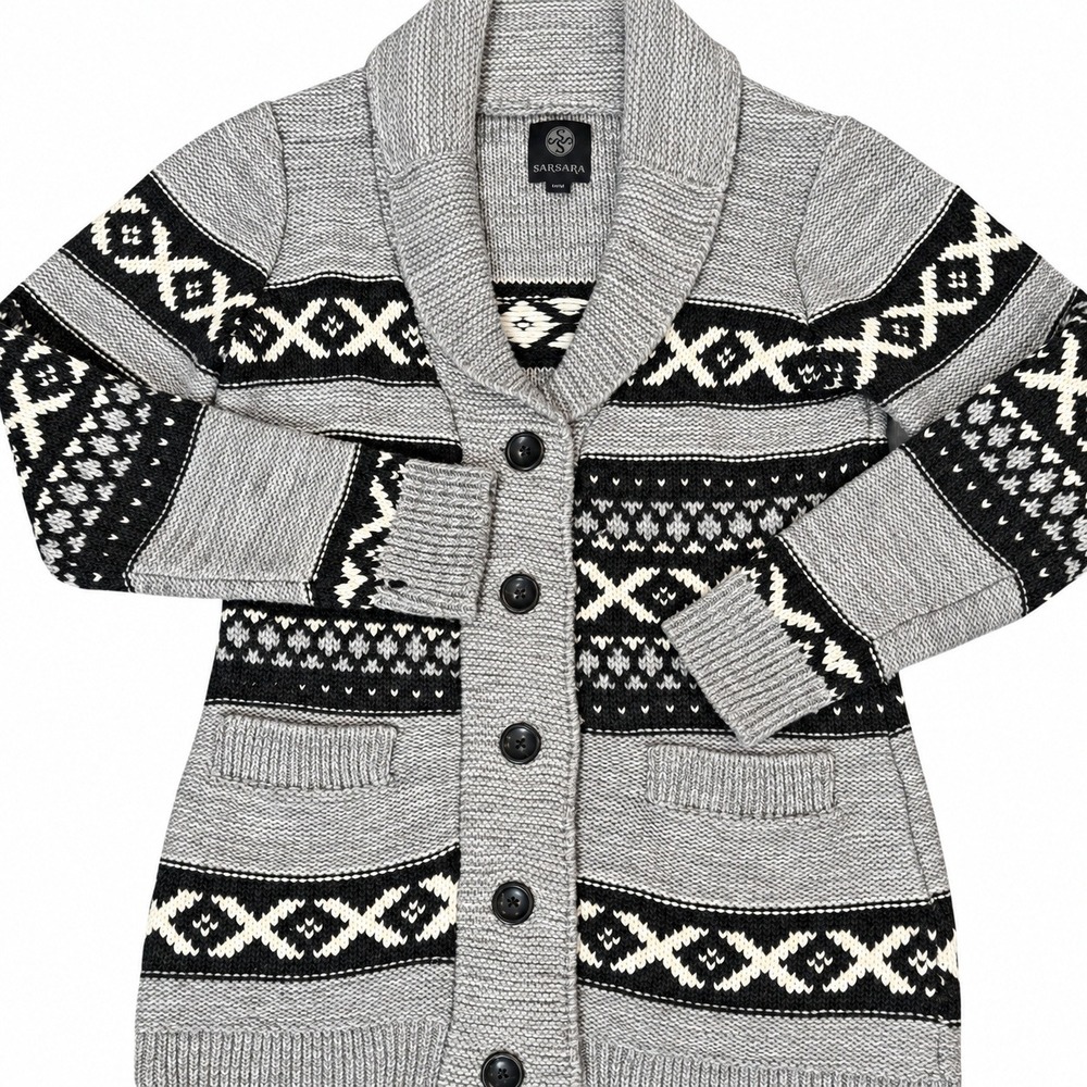 Sansara Womens M Gray Fair Isle Wool Blend Shawl Collar Cardigan Sweater